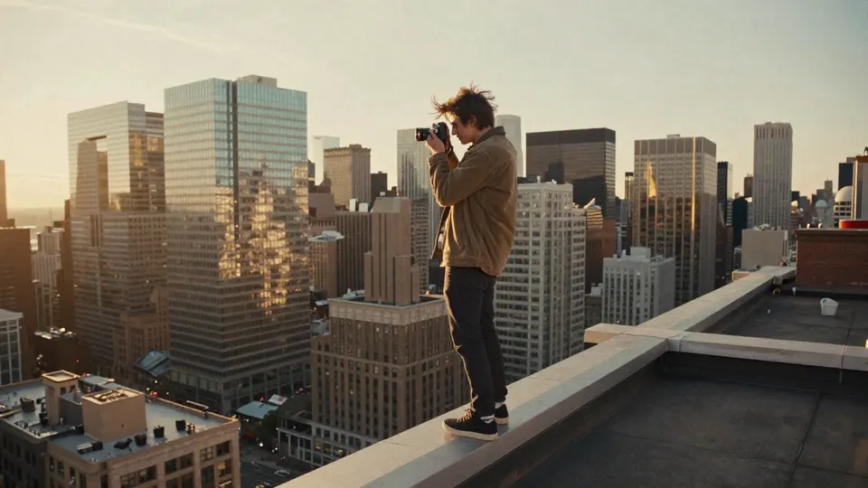 Keyframe 1: character standing on a rooftop at sunset